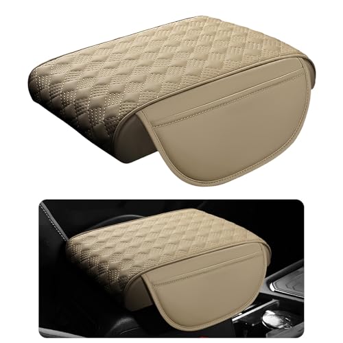 Car Armrest Cushion, 12.2"×8.3" Leather Auto Memory Foam Center Console Pad with Storage Pocket, Waterproof & Anti-Scratch Elbow Pillow Armrest Seat Box Protector, Universal Fit (Beige) - color: Beige