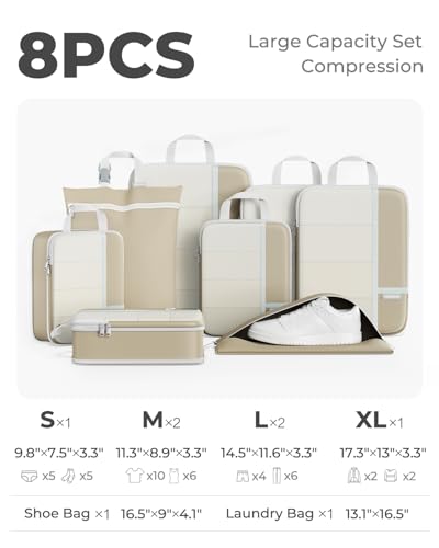 Percover Compression Packing Cubes for Travel, 8-Piece Structured Compression Organizer Set with Laundry Bag & Shoe Bag for Carry-On & Checked Luggage, Camel - color: Camel, size: 8 Set