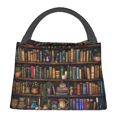 Vintage Bookshelf Lunch Bag for Women, Girls, Kids, Reusable Insulated Lunch Box for Work, Office, Picnic, Travel, School, Gifts - color: Vintage Bookshelf