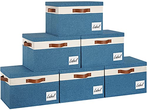 GhvyenntteS Fabric Storage Bins with Lid 6 Pack, Large Decorative Storage Boxes with Lids and Handles, Foldable Fabric Storage Baskets with Lid and Label for Home Office (Blue, 15" x 11" x 9.7") - color: Blue with White, size: Large-6 Pack