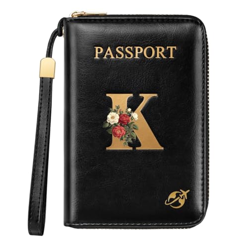 Passport Holder Cover Wallet with Zipper Personalized Initial Letter K Rose Flower RFID Blocking Travel Wallets Credit Cards Holder for Women, Gift for Wife and Girlfriend,K - color: Black, size: K