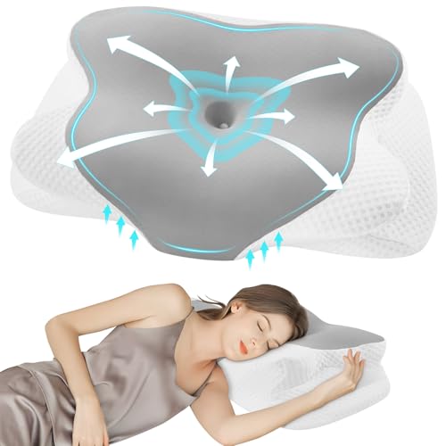 DONAMA Cervical Pillow for Sleeping, Contour Memory Foam Pillow for Neck and Shoulder Support, Ergonomic Neck Pillow for Side Back Stomach Sleepers, Bed Pillows with Cooling Pillowcase - color: Grey White