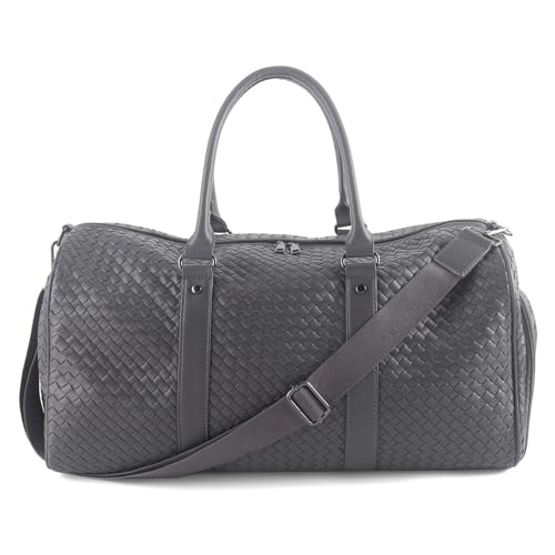 Weekender Bags for Women Woven Leather Travel Duffle Bag with Shoe Compartment, Carry On Garment Bag for Men Women, Large Capacity Water-resistant Gym Tote (Gray) - color: Gray