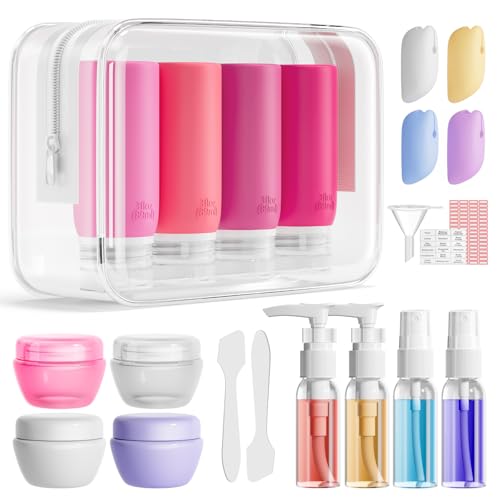 Muslish 21 Pack Travel Bottles for Toiletries, Leak-Proof TSA Compliant Silicone Travel Size Containers for Shampoo and Conditioner, BPA Free with Toiletry Bag (Pink) - color: Pink