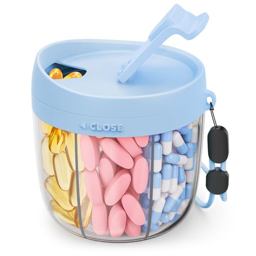 AMOOS Cute Pill Dispenser with 7 Large Compartments, Portable Pill Bottle Organizer with Wide Opening for Easy Use, Anti-Mix Pill Organizer for Travel, BPA-Free Pill Container, Blue - color: Blue