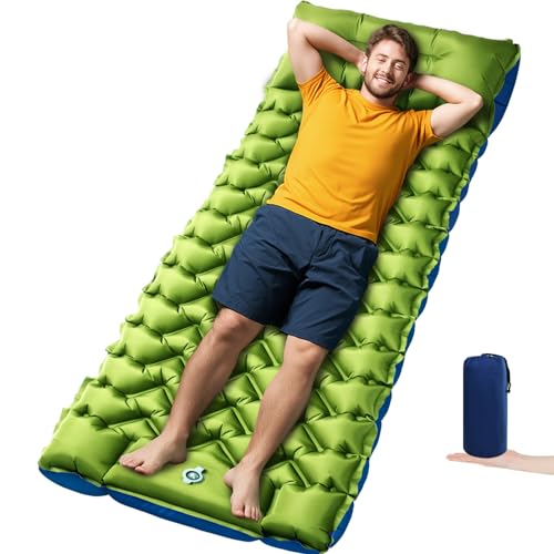 Camping Sleeping Pad, 4in Thick Ultralight Inflatable Camping Mat with Pillow, Built-in Foot Pump Sleeping Mat, Wide Compact Camping Pad for Travel Tent Hiking Backpacking Trip Car Camp Gear - color: Green+blue