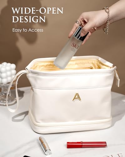 Bridesmaid Gifts, Women Makeup Bags, Friend Gifts, Personalized Double Layer Teen Girl Cosmetic Bag with Makeup Brush Organizer, Travel Toiletry Bag, Birthday Gifts for Girls - color: White, style: O