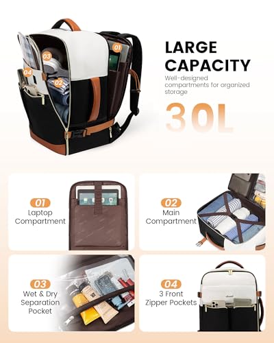 LOVEVOOK Travel Backpack for Women, TSA Carry On Backpack Flight Approved Luggage, 30L Water Resistant Personal Item Daypack Large Weekender Bag fit 15.6 inch Laptop with 3 Cubes, Beige-black-brown - color: Beige-black-brown, size: 35L-15.6 Inch-4Pcs