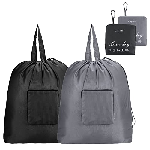 GOGOODA Travel Laundry Bags with Drawstring Closure XL Large Foldable Dirty Clothes bags with Handle Heavy Duty and Washable for College Dorm Travelling Camping, 2 Pack, Black & Grey - color: Black & Grey