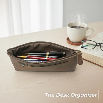 WANDERINGS Genuine Leather Pencil Pouch Case 9" x 5.25" - Hand Crafted Brown Leather Zipper Pouch - Slim Pencil Case Holder for Men and Women - Pencil Bag for Artists Students Professionals - size: Regular (9"x5.25")