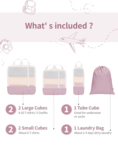 Narwey 6 Set Compression Packing Cubes for Travel Women Men, Travel Cubes for Carry On Suitcase, Durable Compression Luggage Organizer Bags - color: Dusty Rose