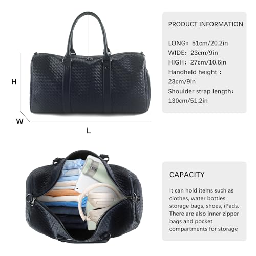Weekender Bags for Women Woven Leather Travel Duffle Bag with Shoe Compartment, Carry On Garment Bag for Men Women, Large Capacity Water-resistant Gym Tote (Dark Blue) - color: Dark Blue
