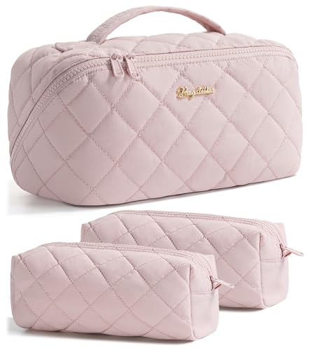 Travel Makeup Bag, 3 Pcs Large Capacity Puffy Toiletry Bag for Women, Open Flat Make up Cosmetic Organizer w/Handle & Clear Divider Water-resistant Portable Pouch Travel Essentials, L-Light Pink - color: Light Pink, size: large