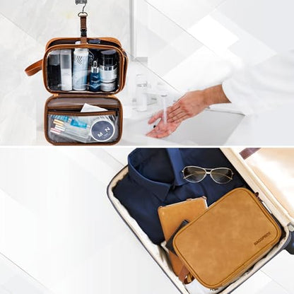 BAGSPRITE Large Toiletry Bag for Men, Women Travel Bag with Hanging Hook, Water-resistant Makeup Cosmetic Bag Shaving Kit Organizer, Bathroom Bag for Traveling - color: Brown