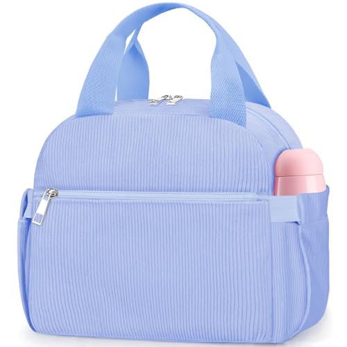 KUBYA Lunch Box for Women, Cute Grids Corduroy Insulated Lunch Bag Women Reusable Work Simple Adults Large Lunch Boxes Tote Bag Men Cooler Bag - color: B-B-Corduroy Blue, size: Medium - 10L