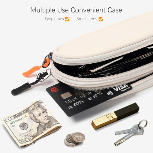 Double Eyeglasses Case Soft Portable Zipper Sunglasses Pouch with Keychain Clip for Men Women - color: Cream Pu