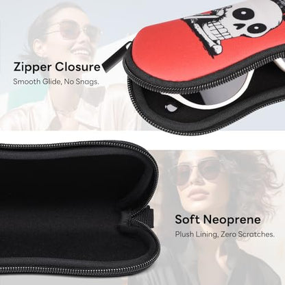 Sunglasses Case with Belt Clip, Ultra Light Neoprene Zipper Soft Padded Glasses Case for Women Men - color: Fun Skull