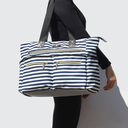 Weekender Bag Carry On Bag Overnight Tote Travel Duffle with 13 Pockets for Travel,Work，Gym,Beach,Teacher,Nurse - color: Navy white