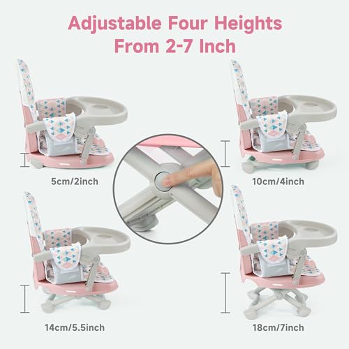 YOLEO Baby High Chair Booster Seat for Dining Table, Foldable High Chairs with Adjustable Heights, Travel Booster Seat with Removable Tray - color: Pink, size: With Cushion
