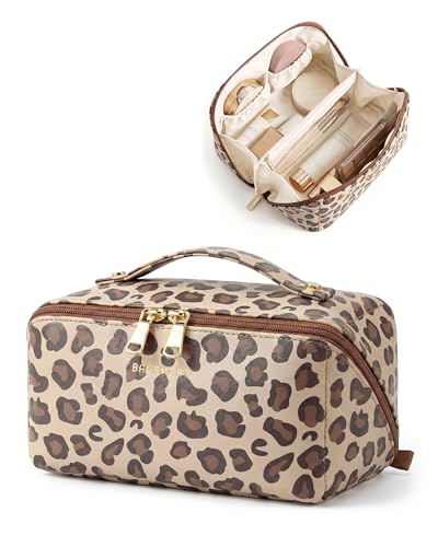 BAGSMART Makeup Bag Travel Cosmetic Bag, Large Make Up Bag Flat Open Toiletry Bag for Women, PU Leather Travel Essentials Organizer Case, Wide-open Pouch Purse for Skincare, Brushes, Brown Leopard - color: 06- Brown Leopard