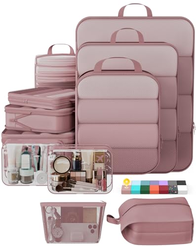 Veken 11-Pack Compression Packing Cubes for Travel Essentials,Compressible Expandable Large Luggage Suitcase Organizer Bags for Clothing,Durable Space Saver Bags with Toiletry Bags(Light Coral) - color: Light Coral, size: 11 set