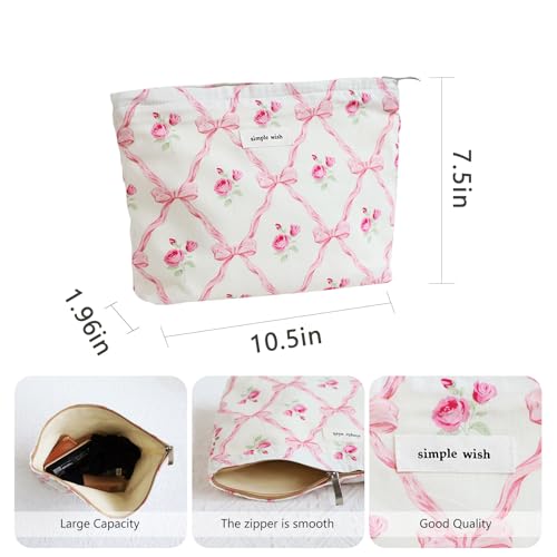 Wudygirl Makeup Bag Cosmetic Bag for Women Pink Pow Makeup Pouch Cute Makeup Organizer Portable Handbag Toiletry Bag Large Capacity Zipper Pouch (Pink Pow) - color: Pink Bow