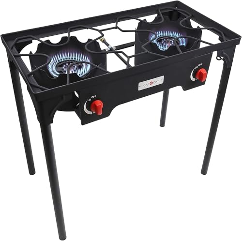 Gas One Propane Double Burner Two Burner Camp Stove Outdoor High Pressure Propane 2 Burner Adjustable PSI Regulator and 4ft Hose With Removable Legs - size: 2 Burner without Windguard