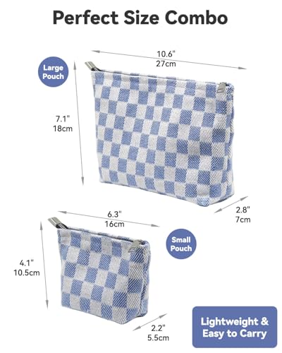 Gingham Canvas Makeup Bag Set Preppy Travel Makeup Pouch for Purse | Premium Thick Canvas Material, Timeless Blue White Checkered, Soft Lining, Daily Use and Gifts - style: Checkered Blue Canvas