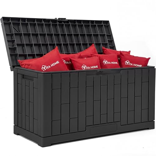 YITAHOME 60 Gallon Outdoor Storage Box, Large Water Resistant Resin Deck Box with Slide-Locking, Indoor Outdoor Bamboo-Textured Storage Container for Patio, Garden, Cushions, Tools, Equipment (Black) - color: Black Rattan, size: 60 Gallon