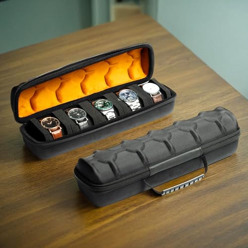 5 slot watch case for travel and storage, hard Watch Roll Organizer holder for Men and Women with microfiber lining - size: 5 slots