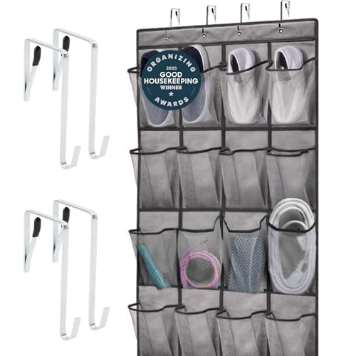 GORILLA GRIP Over the Door Shoe Organizer, 24 Large Breathable Mesh Pockets, Space Saving Hanging Storage Holder, Closet Rack Hanger Holds Up to 40 lbs, Hangs on Closets for Shoes, Accessories, Grey - color: Grey, size: 24 Pockets/4 Hooks