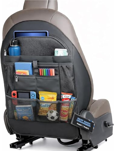 Back Seat organizer for Tesla Model 3 / Model Y (Premium Vegan Leather) Custom fit Car Seat Back Protector with Storage Pockets (Black) - size: 1 Pack