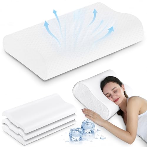 Elviros Cooling Memory Foam Pillow with Breathable Cover, Adjustable Height Bed Pillow for Neck Support, Ergonomic Cervica Neck Pillow for Side Stomach and Back Sleeper, Queen Size, 23.6"×14"×5.3" - color: White