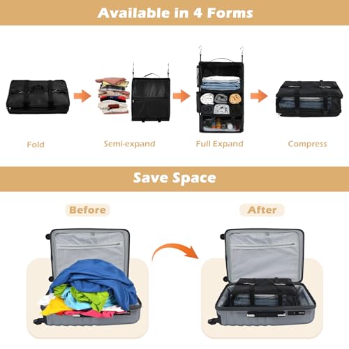 Surblue Hanging Shelves Travel Storage Bag Compression Packing Cube for Suitcase Portable Closet Organizer Collapsible with Extension Layer Large Capacity,Black,XXL - color: A-Black, size: XXL 15.7*11.8*23.6in