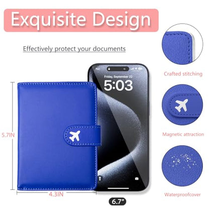Passport Holder, Travel Wallet Cover with Pen Loop | Cute RFID Blocking Leather Case with Magnetic Closure for Travel Essentials-Blue - color: T-Blue
