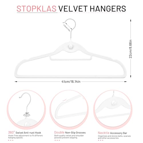 Velvet Stackable Hangers 30 Pack, STOPKLAS White Clothes Hangers Non Slip Felt Hangers with 360° Swivel Hook, Thin Hanger Space Saving, Heavy Duty Closet Hanger for Clothes, Coats, Suits, Dress, Pants - color: White