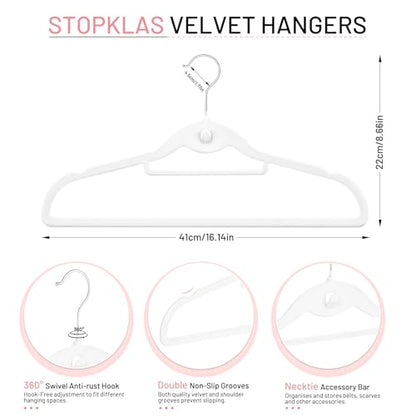 Velvet Stackable Hangers 30 Pack, STOPKLAS White Clothes Hangers Non Slip Felt Hangers with 360° Swivel Hook, Thin Hanger Space Saving, Heavy Duty Closet Hanger for Clothes, Coats, Suits, Dress, Pants - color: White