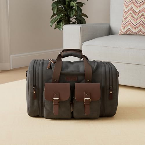 Wildroad 60L Travel Duffel Bag, Expandable Canvas Genuine Leather Duffle Bag Upgraded Overnight Weekender Bag Carry on Bag - color: Black, size: X Large-60L Duffle Bag