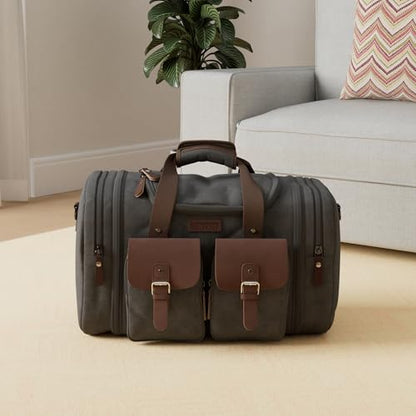 Wildroad 60L Travel Duffel Bag, Expandable Canvas Genuine Leather Duffle Bag Upgraded Overnight Weekender Bag Carry on Bag - color: Black, size: X Large-60L Duffle Bag