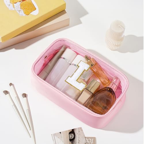 Personalized Initial Clear Makeup Bag Cosmetic Bags Travel Toiletry Bag Essentials Emergency Pouch Gifts for Girls Girlfriend Kids Birthday Graduation Teacher (Pink L) - style: L