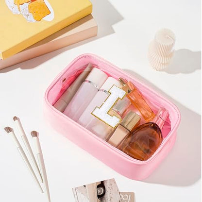 Personalized Initial Clear Makeup Bag Cosmetic Bags Travel Toiletry Bag Essentials Emergency Pouch Gifts for Girls Girlfriend Kids Birthday Graduation Teacher (Pink L) - style: L