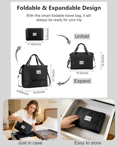 Foldable Travel Duffel Bag for Women, Black, Nylon | 40L Expandable, Carry on Bag Personal Item Flight Approved, Lightweight Water Resistant, Overnight Weekender Bag - color: Black