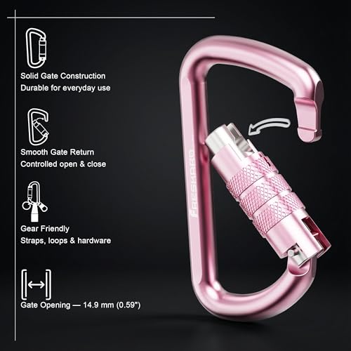 FresKaro 3inch 12kN-2698lbs Auto Locking Carabiner Clips, Solid D Shape, Heavy Duty 7075 Aluminum, Lightweight 1.09oz, Rust Proof, for Hammock, Hiking, Dog Leash, Keychain etc., Multi-Colors - color: Pink-2pcs
