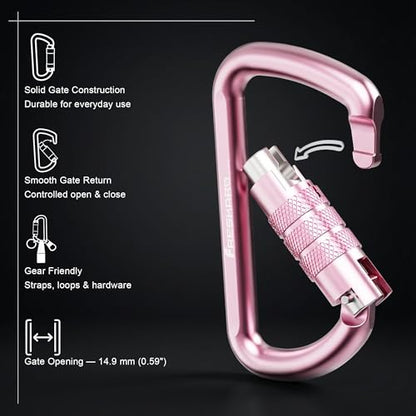 FresKaro 3inch 12kN-2698lbs Auto Locking Carabiner Clips, Solid D Shape, Heavy Duty 7075 Aluminum, Lightweight 1.09oz, Rust Proof, for Hammock, Hiking, Dog Leash, Keychain etc., Multi-Colors - color: Pink-3pcs