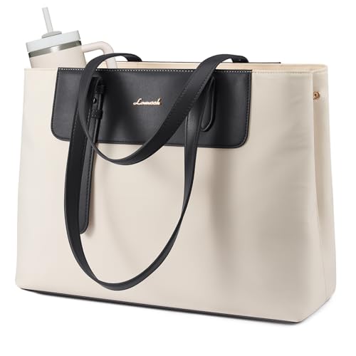 LOVEVOOK Laptop Tote Bag for Women 15.6 Inch, Water-Resistant Work Tote Bag Large Capacity Computer Bag Briefcase Handbag - color: Beige＆black, size: 15.6Inch