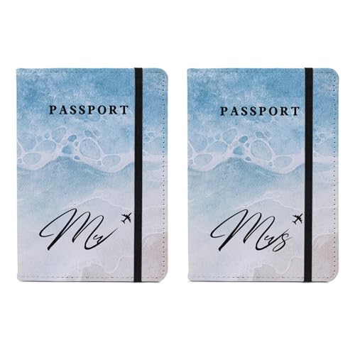 Passport Book Holder,Passport Wallet for Men Mr and Mrs Passport Holder for Women Passport Cover World Map Passport Case for Couples Christmas Traveling Passport Book Protector 2PCS - color: Simple Beach Ocean-Couple 2Pcs