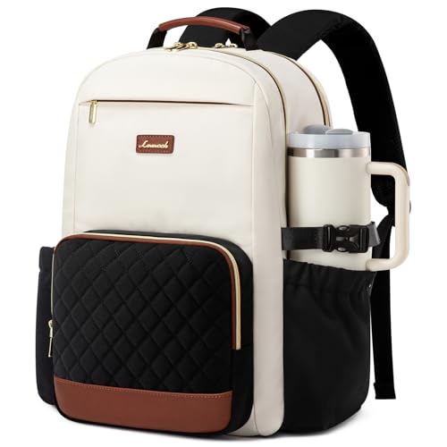 LOVEVOOK Laptop Backpack for Women with Pouch Pocket for Large Capacity Cup,18 Inch Teacher Nurse College Work Travel Backpack Purse,Waterproof Laptop Computer Bags,Beige-Black-Brown+Diamond-shaped - color: Beige - Black - Chestnut Brown + Diamond-shaped,