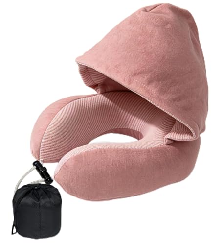Airplane Travel Neck Pillow with Hood – Memory Foam Neck Support Pillow with Light Blocking Cover for Sleeping on Flights, Ergonomic Travel Pillow for Plane, Car & Office - color: Pink, size: Hood neck pillow