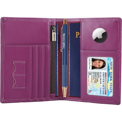 STAR VISTA Phoenix Leather Passport Holder, Calfskin Leather Travel Wallet - RFID Blocking, ID Window, Zipper Pocket, Pen & Notebook Included, AirTag Holder, Violet - color: Violet Calfskin AirTag
