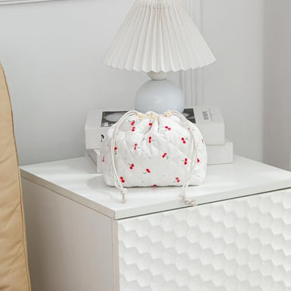 uekeboag Cotton Quilted Drawstring Makeup Bag with Canvas Lining,Coquette Aesthetic Cute Travel Toiletry Bag,Drawstring Gift Bag for Women and Girls(01Cherry) - color: 01Cherry